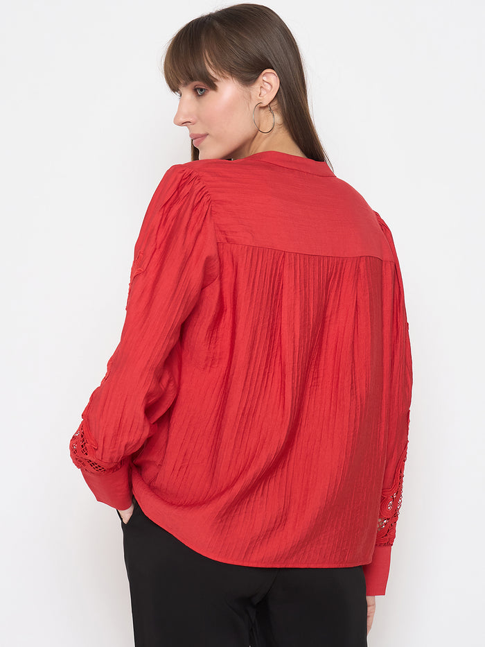 Madame Nylon Buttoned and Patched Red Top