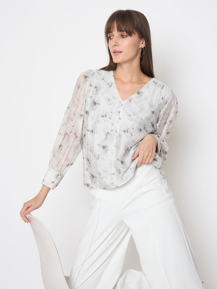 Madame Nylon Printed Embellished Grey Overlapping Top
