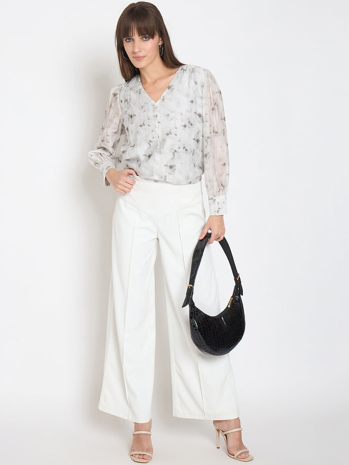 Madame Nylon Printed Embellished Grey Overlapping Top