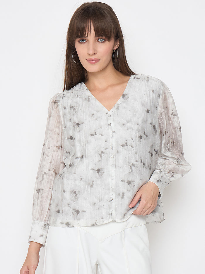Madame Nylon Printed Embellished Grey Overlapping Top