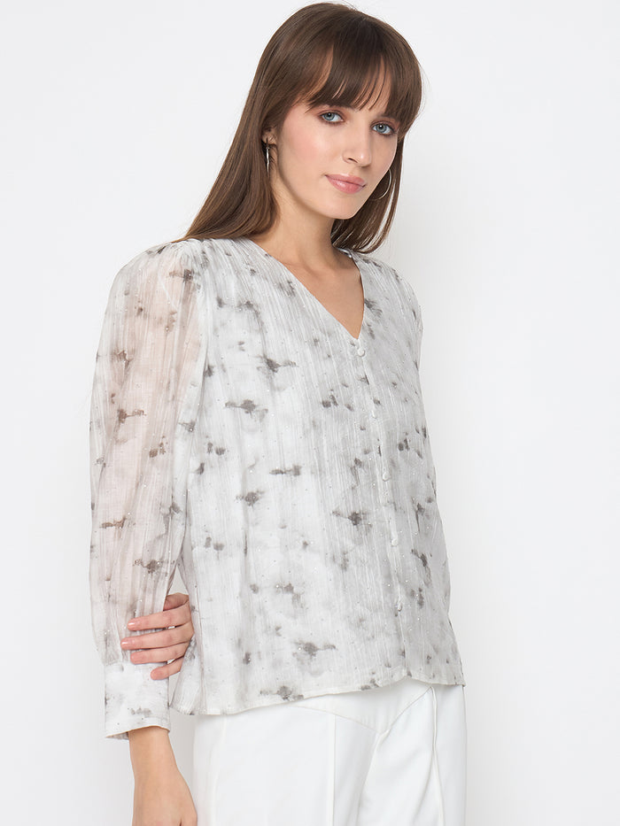 Madame Nylon Printed Embellished Grey Overlapping Top