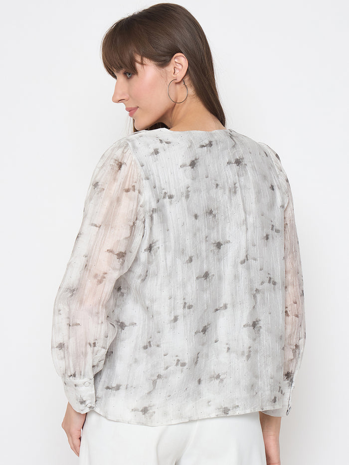 Madame Nylon Printed Embellished Grey Overlapping Top