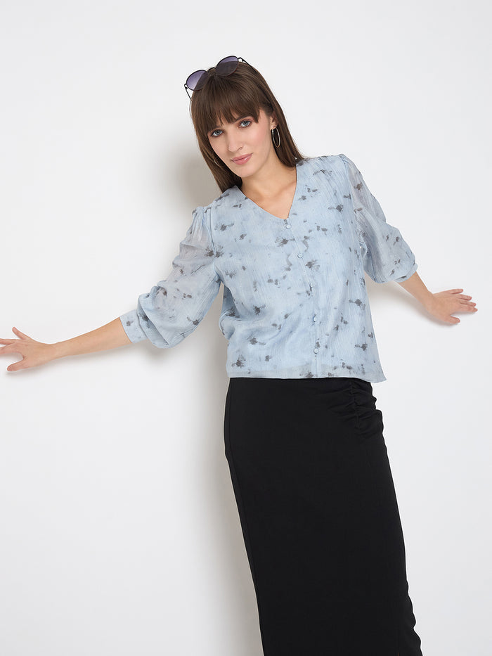 Madame Nylon Printed Embellished Ice Blue Overlapping Top