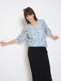 Madame Nylon Printed Embellished Ice Blue Overlapping Top