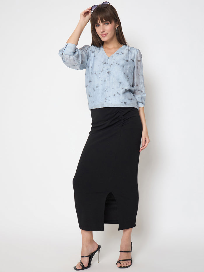 Madame Nylon Printed Embellished Ice Blue Overlapping Top