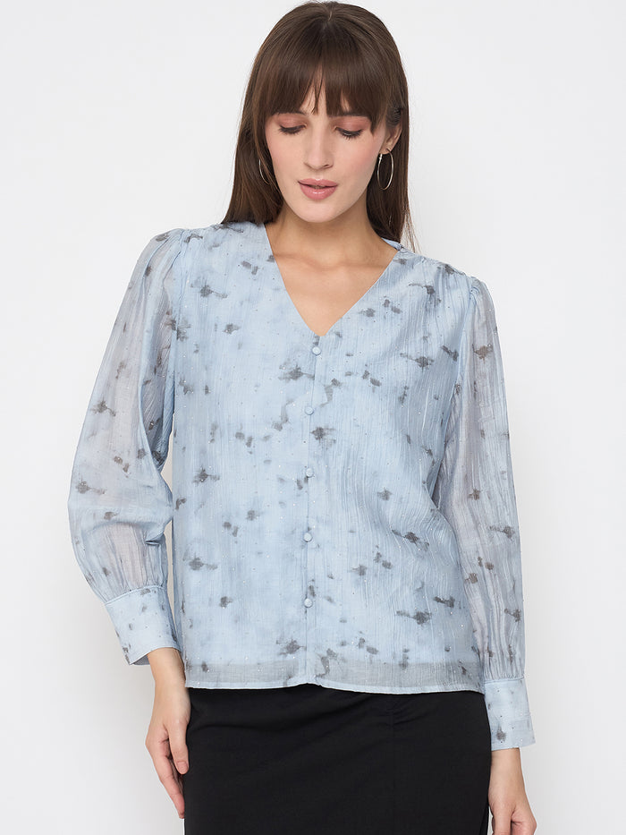 Madame Nylon Printed Embellished Ice Blue Overlapping Top