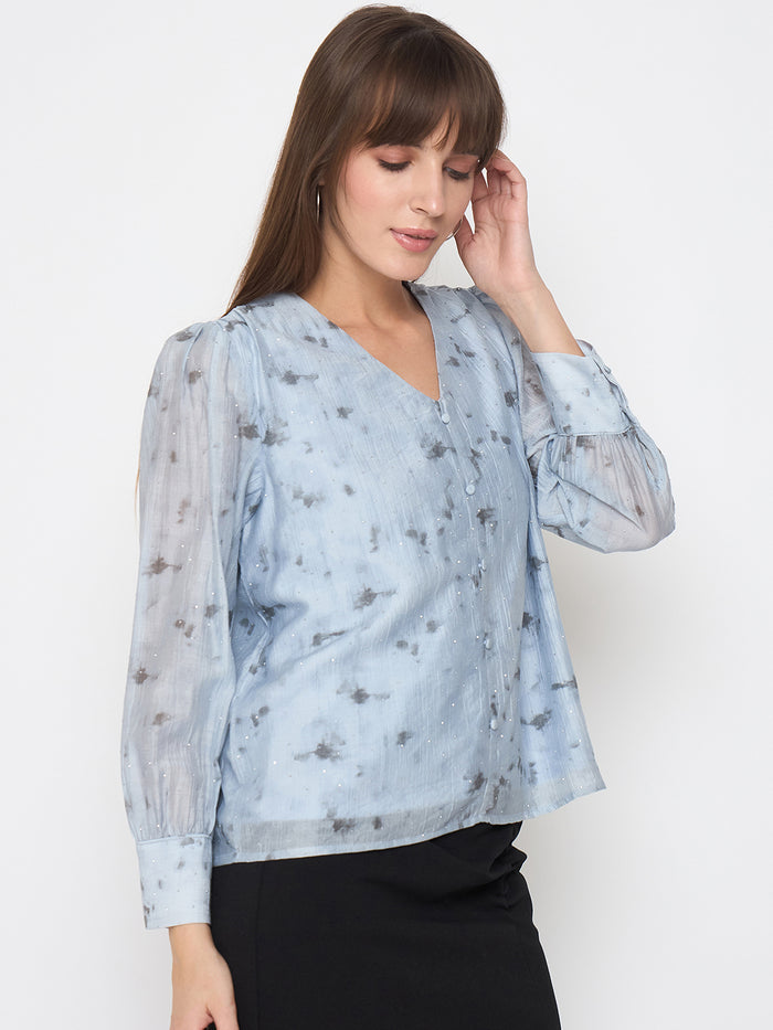 Madame Nylon Printed Embellished Ice Blue Overlapping Top