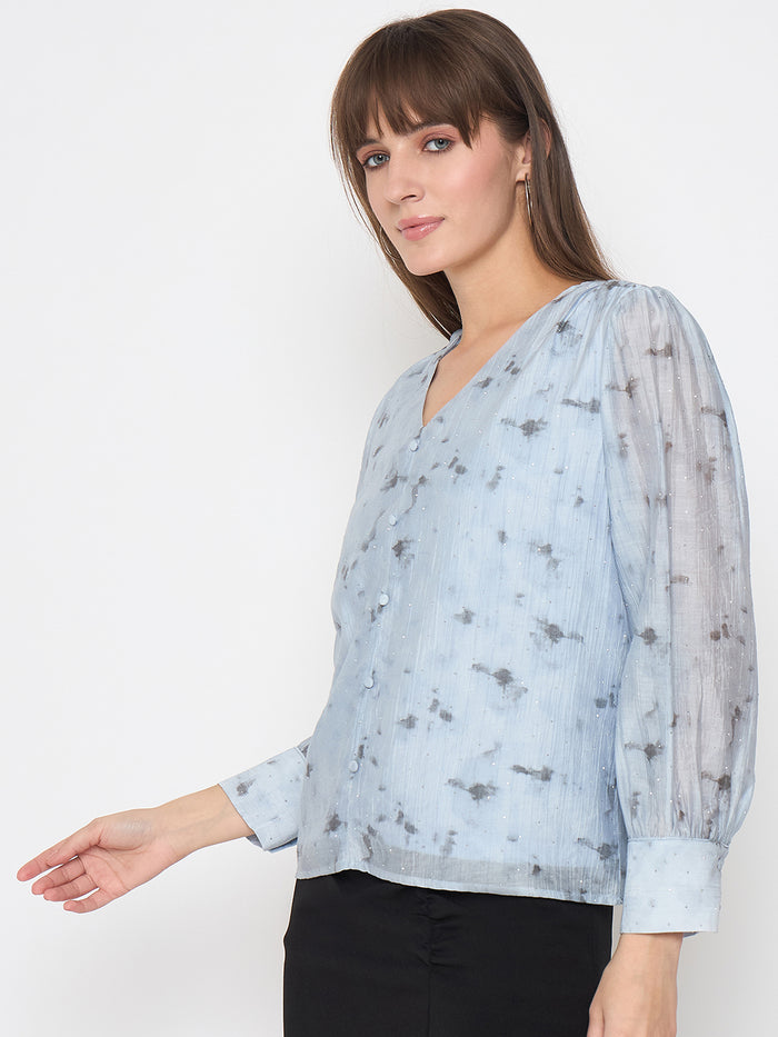 Madame Nylon Printed Embellished Ice Blue Overlapping Top