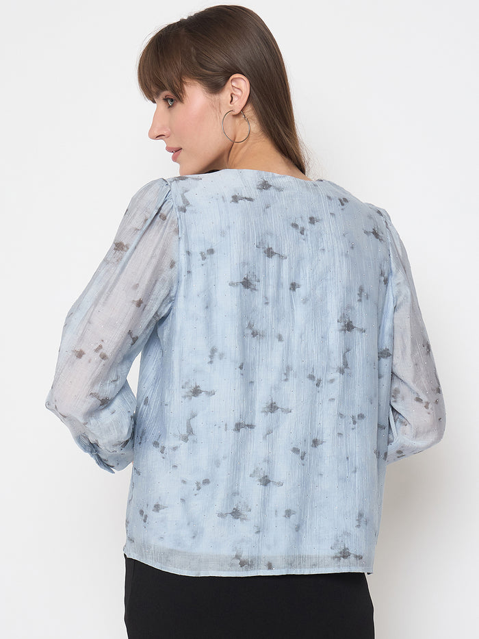 Madame Nylon Printed Embellished Ice Blue Overlapping Top