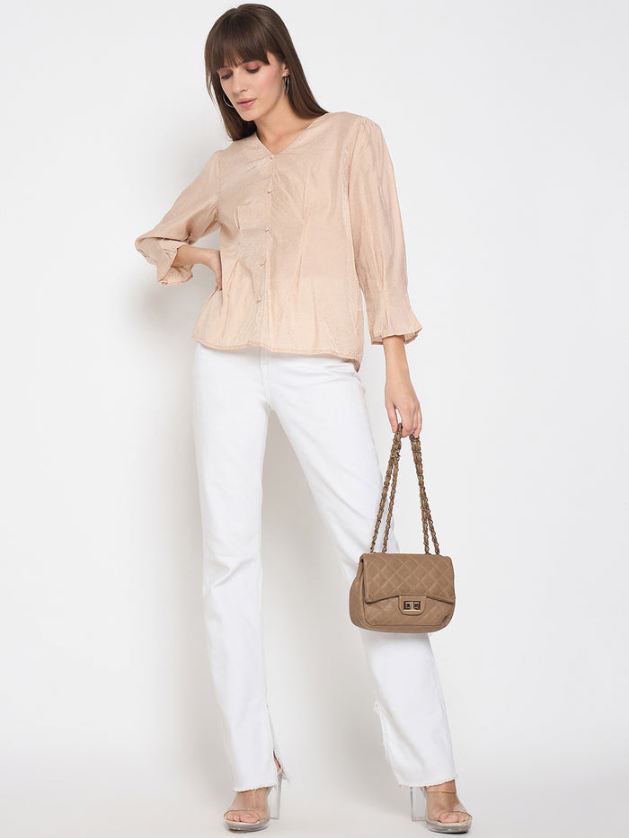 Madame Nylon Swarovski Dart Detailed Beige Top