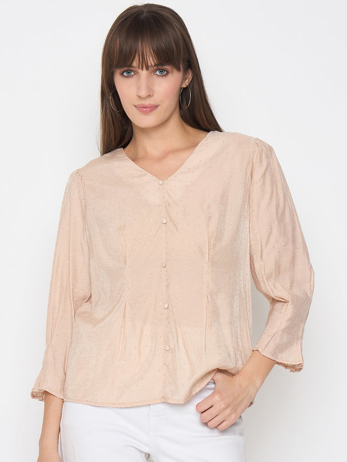 Madame Nylon Swarovski Dart Detailed Beige Top