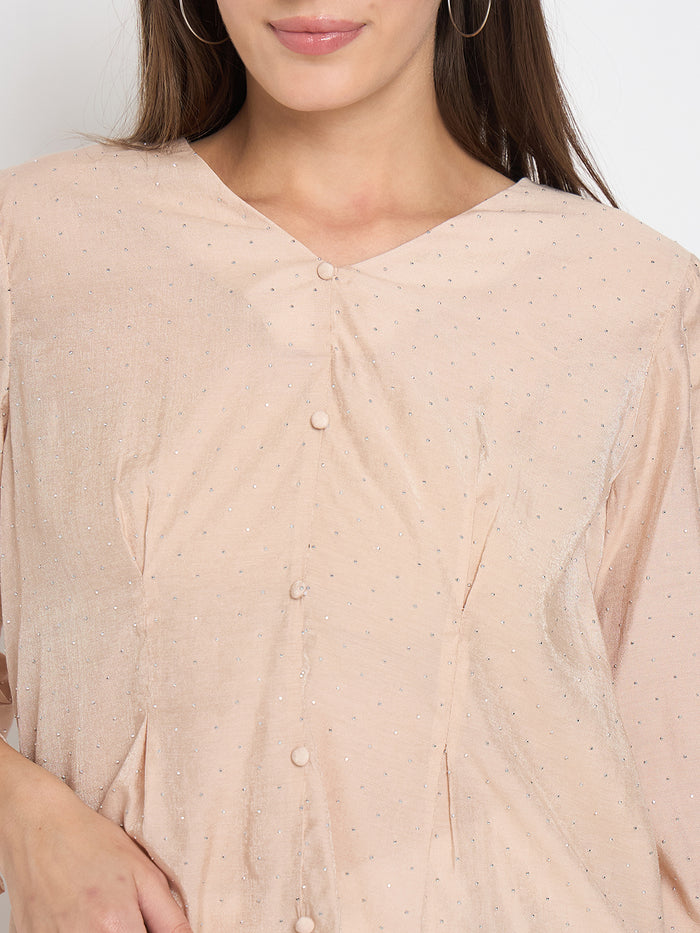 Madame Nylon Swarovski Dart Detailed Beige Top