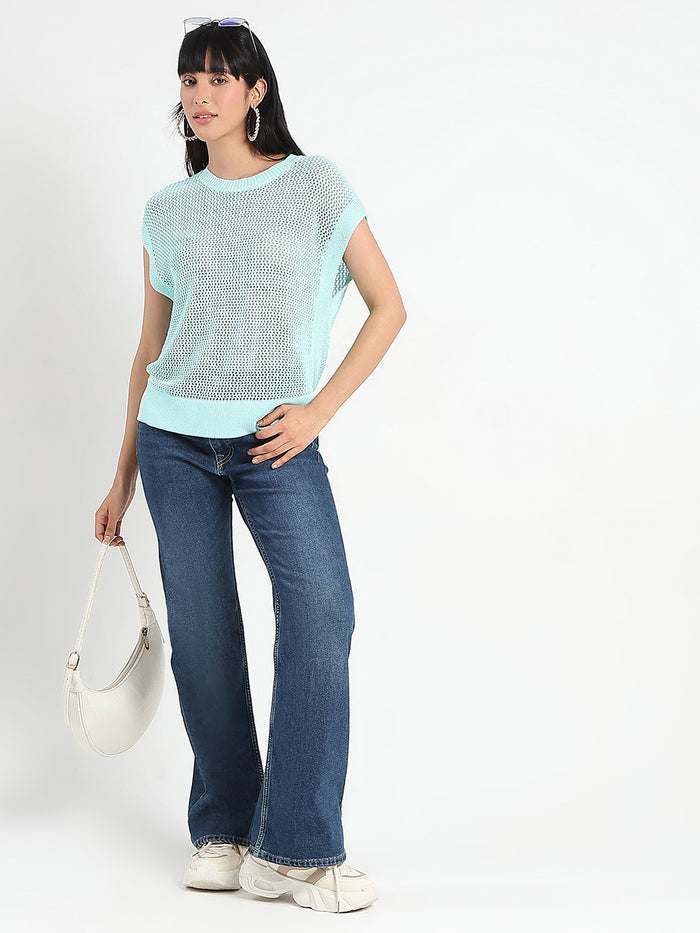 Madame Open Knit Side Slits Mint Green Top
