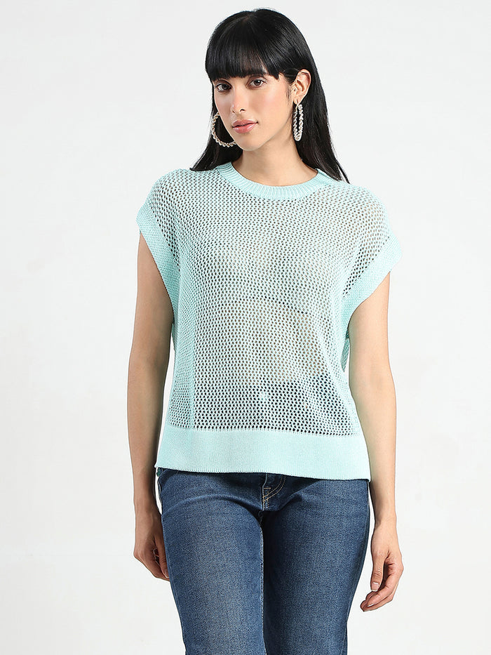 Madame Open Knit Side Slits Mint Green Top