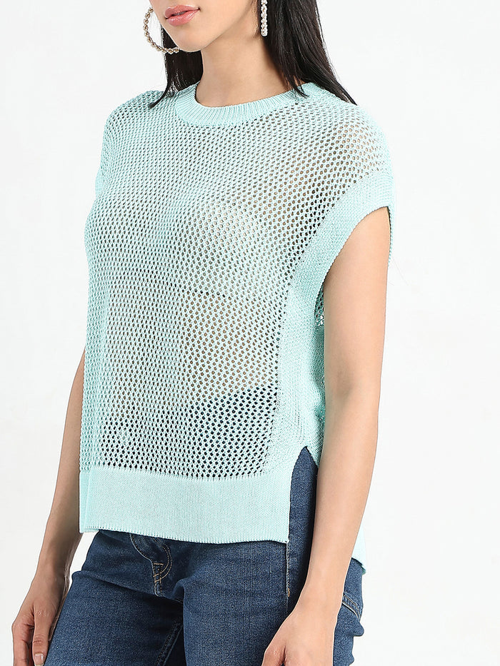 Madame Open Knit Side Slits Mint Green Top
