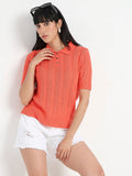 Madame Openwork Detail Textured Coral Orange Cotton Knitted Top