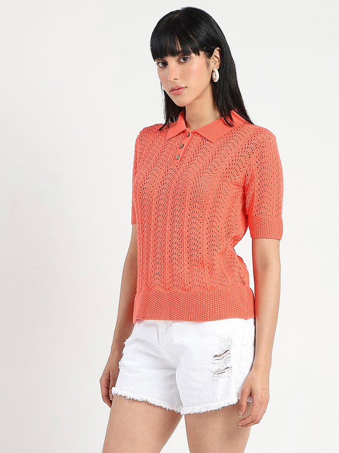 Madame Openwork Detail Textured Coral Orange Cotton Knitted Top