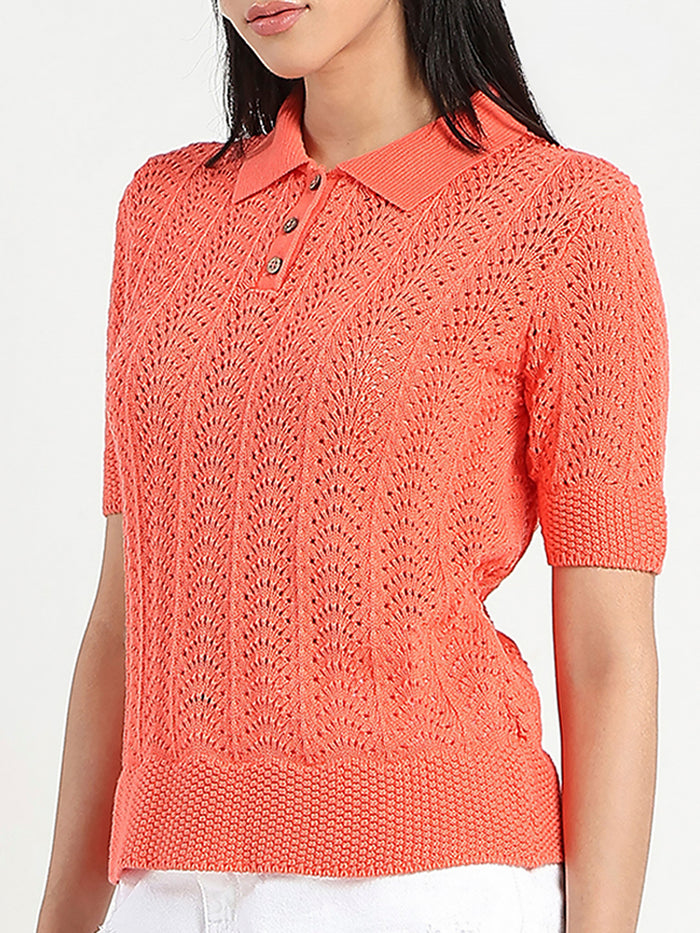 Madame Openwork Detail Textured Coral Orange Cotton Knitted Top