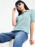 Madame Openwork Detail Textured Jade Green Cotton Knitted Top