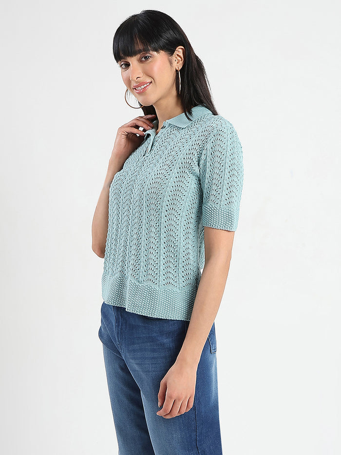 Madame Openwork Detail Textured Jade Green Cotton Knitted Top