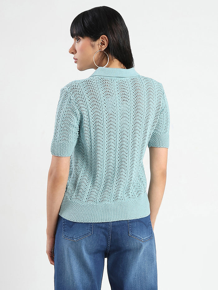 Madame Openwork Detail Textured Jade Green Cotton Knitted Top