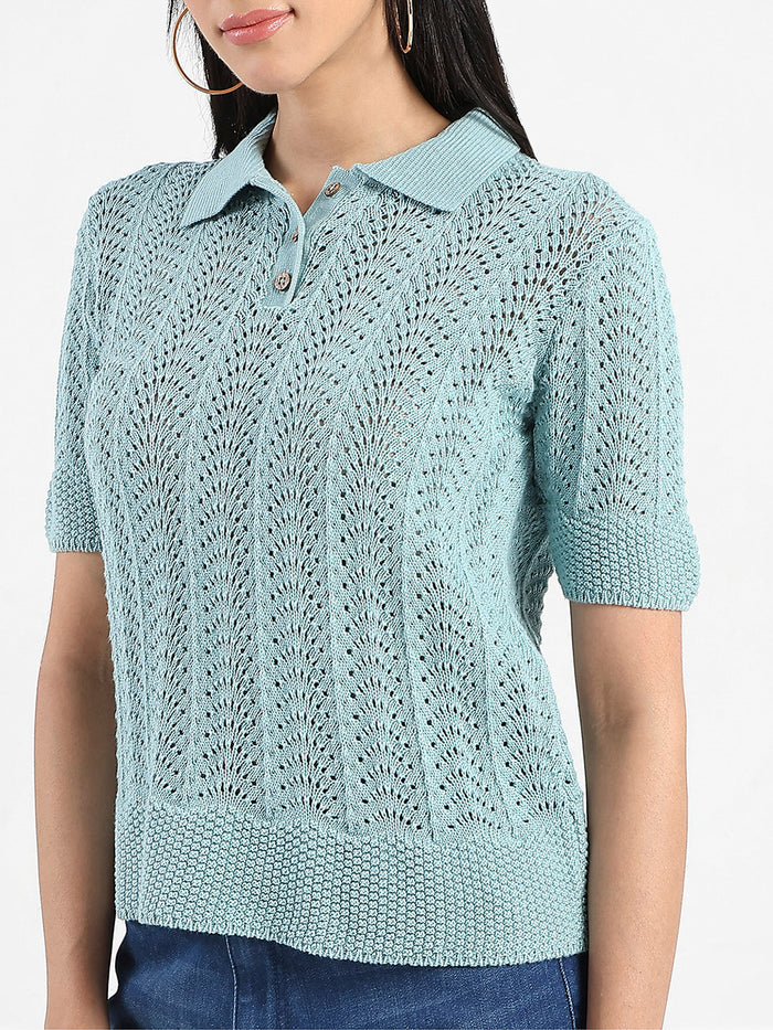 Madame Openwork Detail Textured Jade Green Cotton Knitted Top
