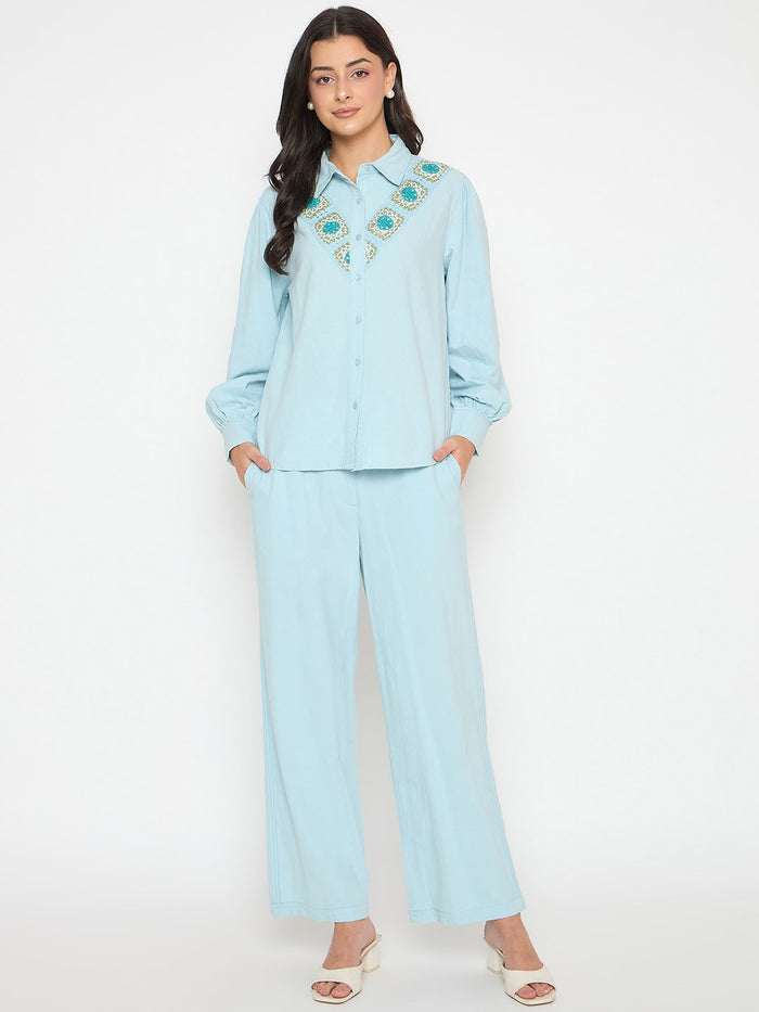 Madame Patchwork Detailed Shirt and Bottoms Blue Co-ord Set