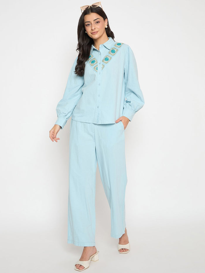 Madame Patchwork Detailed Shirt and Bottoms Blue Co-ord Set