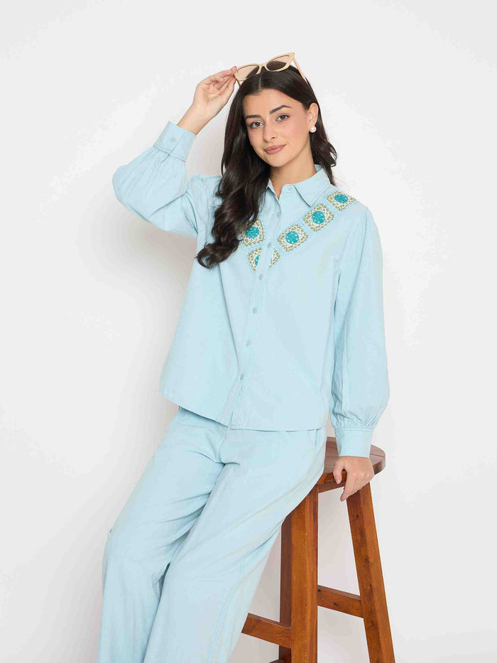 Madame Patchwork Detailed Shirt and Bottoms Blue Co-ord Set