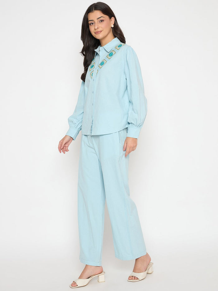 Madame Patchwork Detailed Shirt and Bottoms Blue Co-ord Set