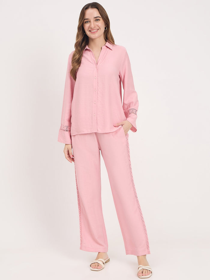 Madame Pink Rayon Collared Full Sleeve Co-ord Set
