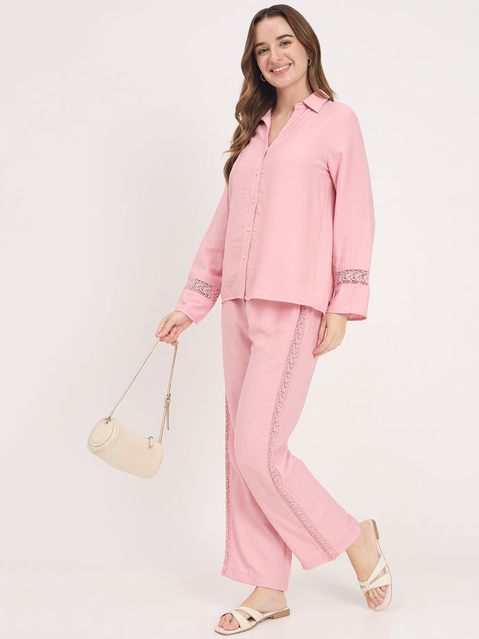Madame Pink Rayon Collared Full Sleeve Co-ord Set