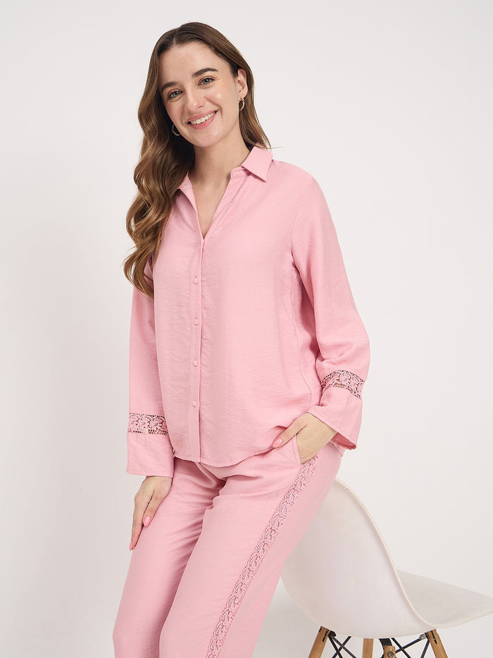 Madame Pink Rayon Collared Full Sleeve Co-ord Set