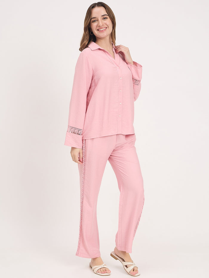 Madame Pink Rayon Collared Full Sleeve Co-ord Set