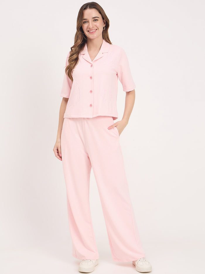 Madame Pink Rayon Embroidered Round Neck Co-ord Set