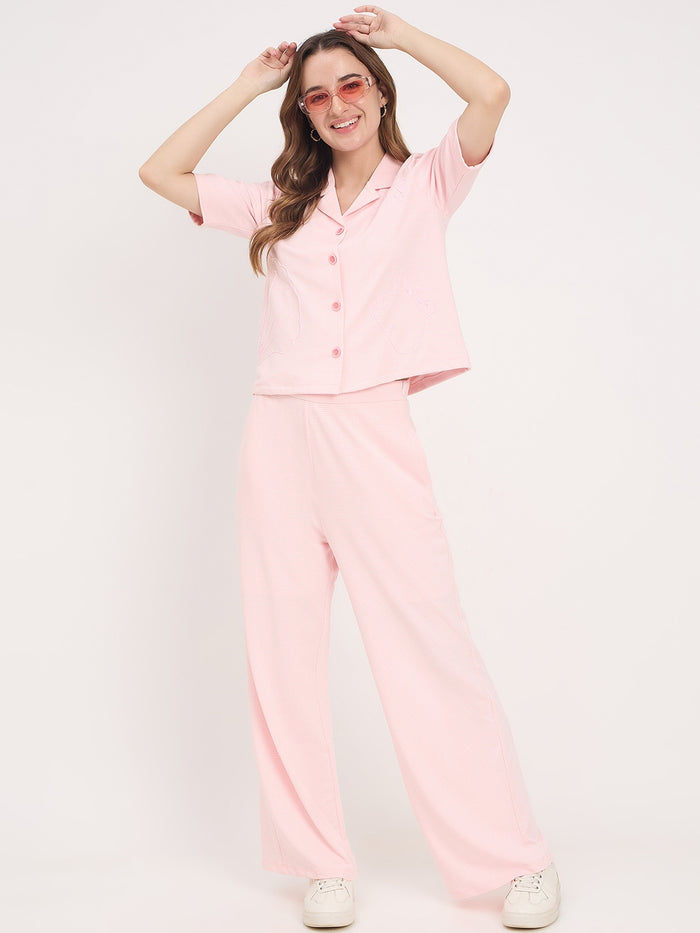 Madame Pink Rayon Embroidered Round Neck Co-ord Set