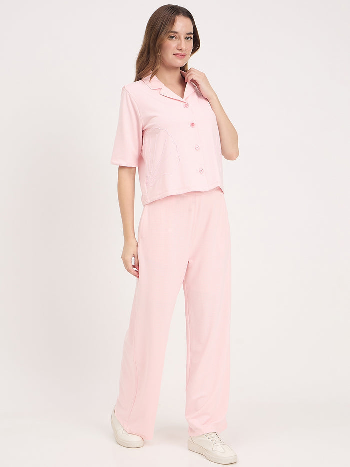 Madame Pink Rayon Embroidered Round Neck Co-ord Set