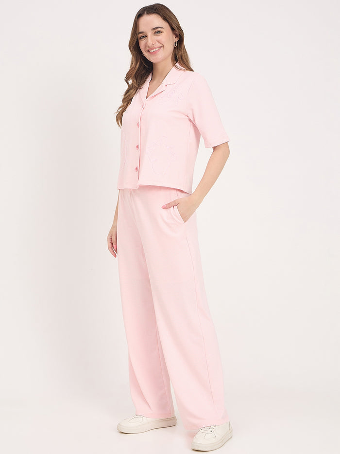 Madame Pink Rayon Embroidered Round Neck Co-ord Set