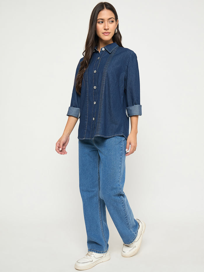 Madame Pintuck Detailed Mid Blue Denim Shirt