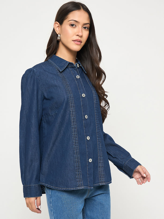Madame Pintuck Detailed Mid Blue Denim Shirt
