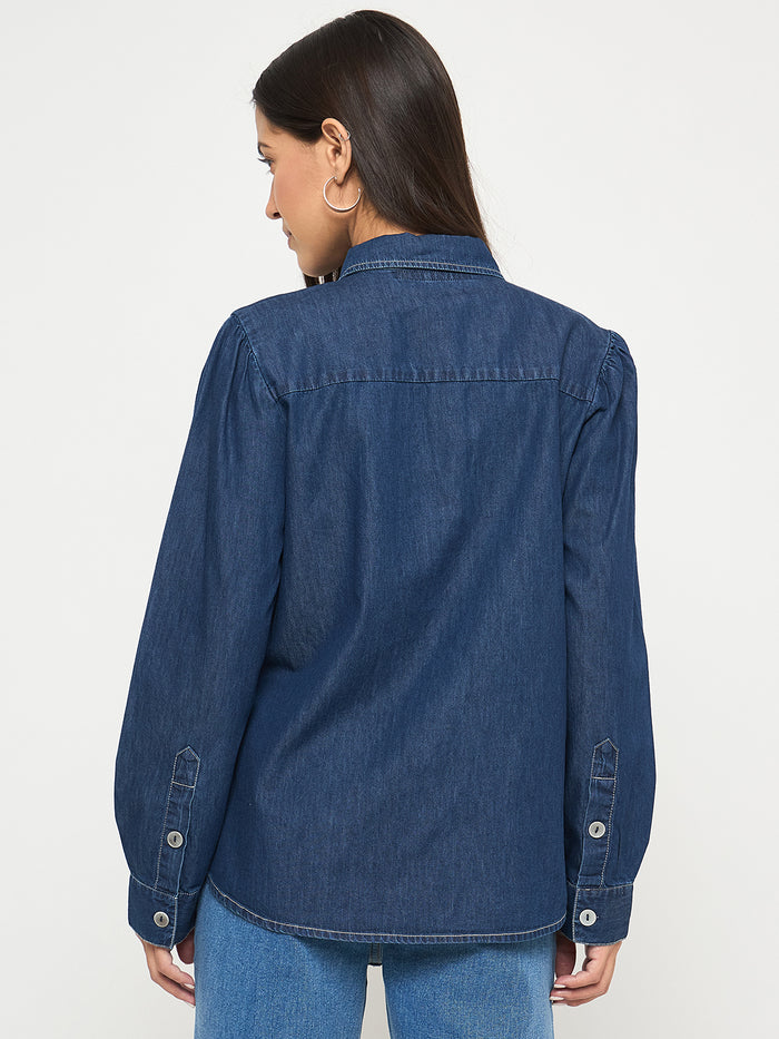 Madame Pintuck Detailed Mid Blue Denim Shirt
