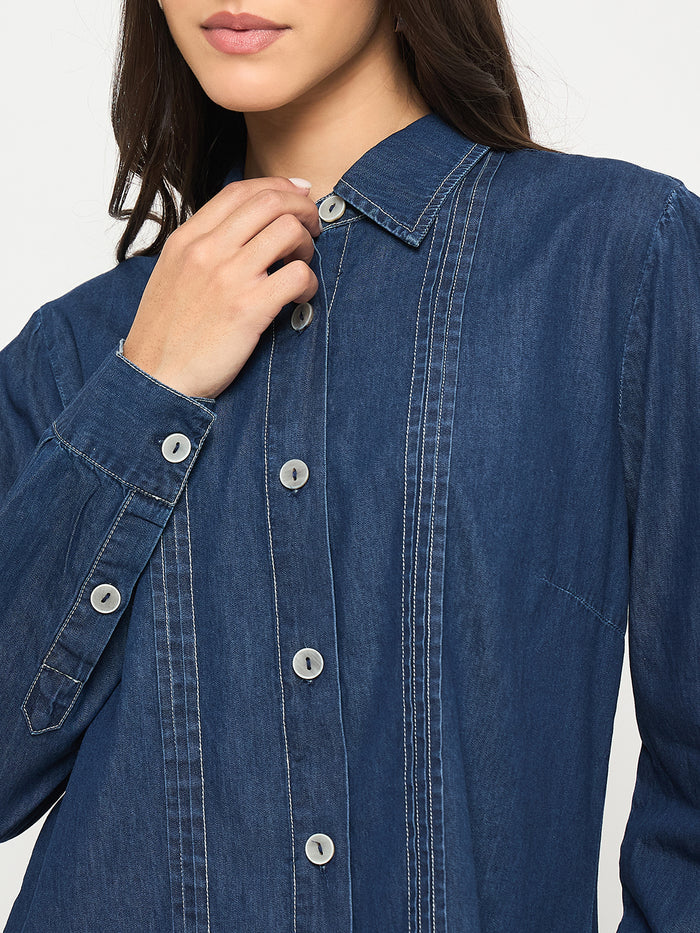 Madame Pintuck Detailed Mid Blue Denim Shirt
