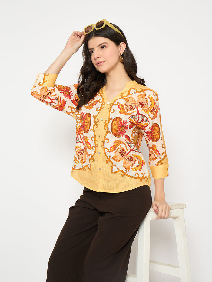 Madame Placement Printed Yellow Cotton Top