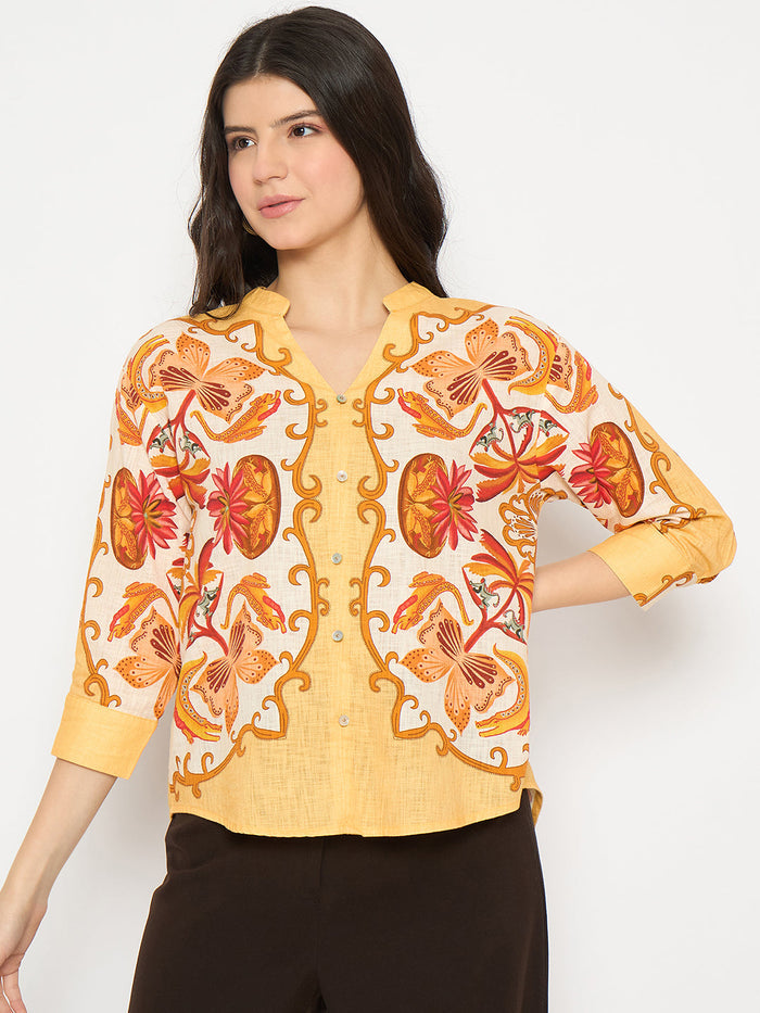 Madame Placement Printed Yellow Cotton Top