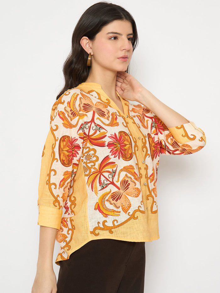 Madame Placement Printed Yellow Cotton Top