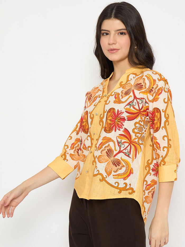 Madame Placement Printed Yellow Cotton Top