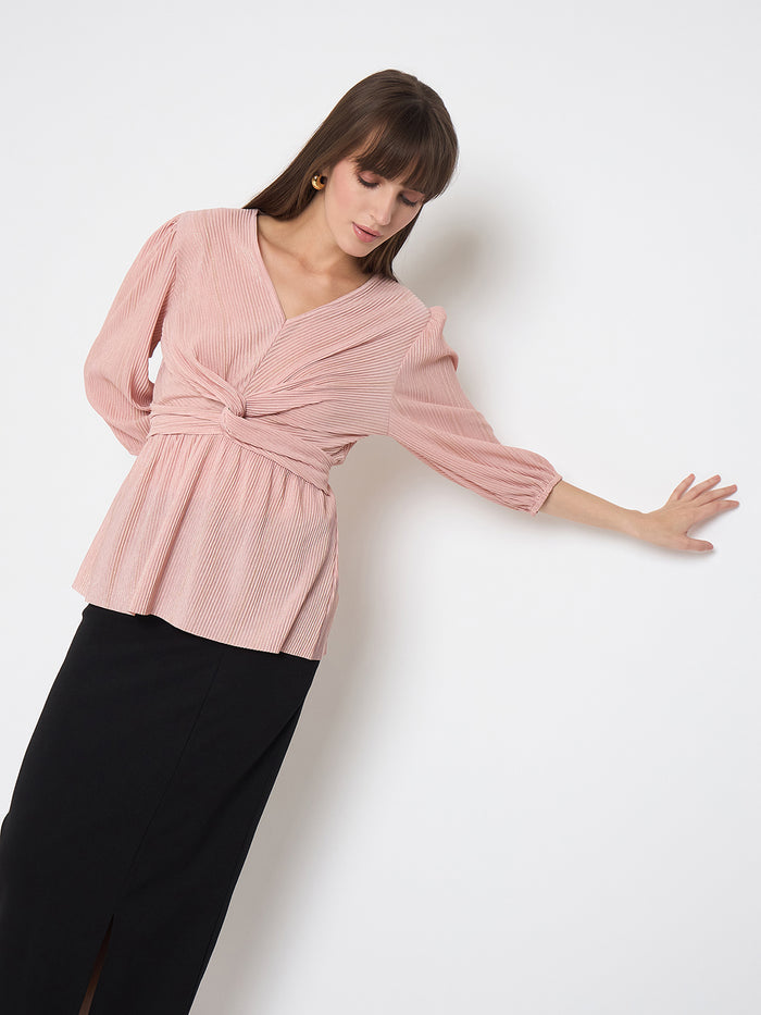 Madame Pliss Self Design Front Knot Peach Top