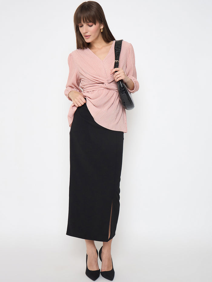 Madame Pliss Self Design Front Knot Peach Top