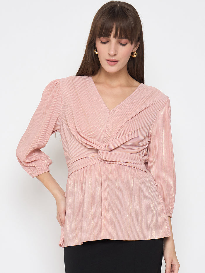 Madame Pliss Self Design Front Knot Peach Top