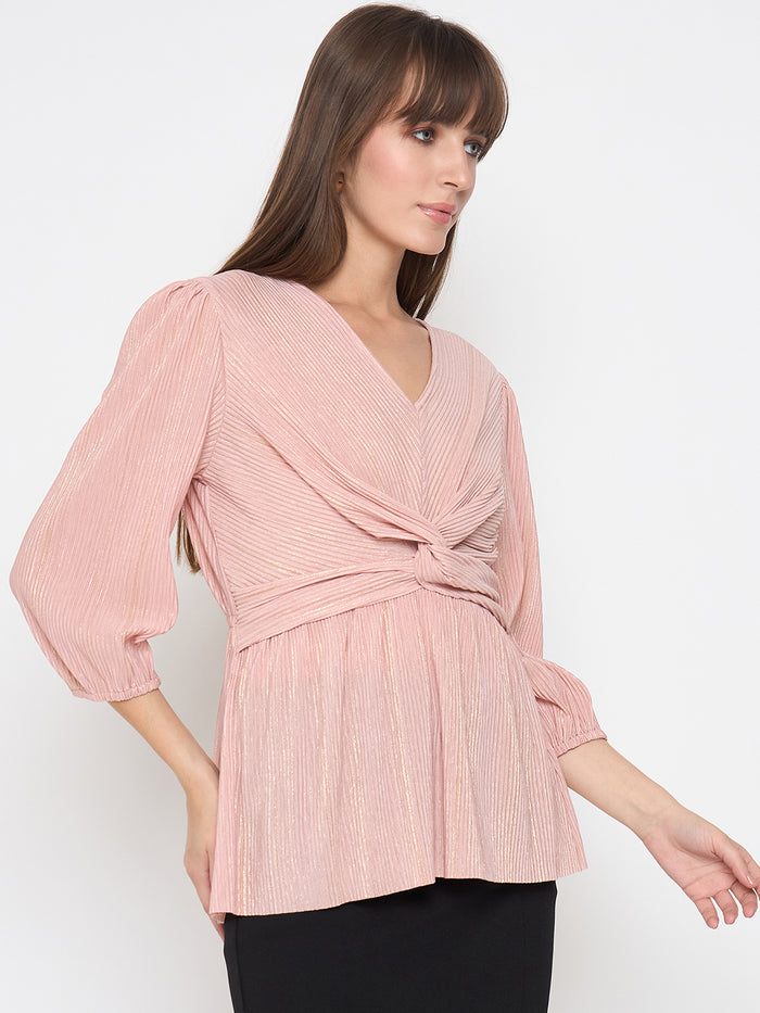 Madame Pliss Self Design Front Knot Peach Top